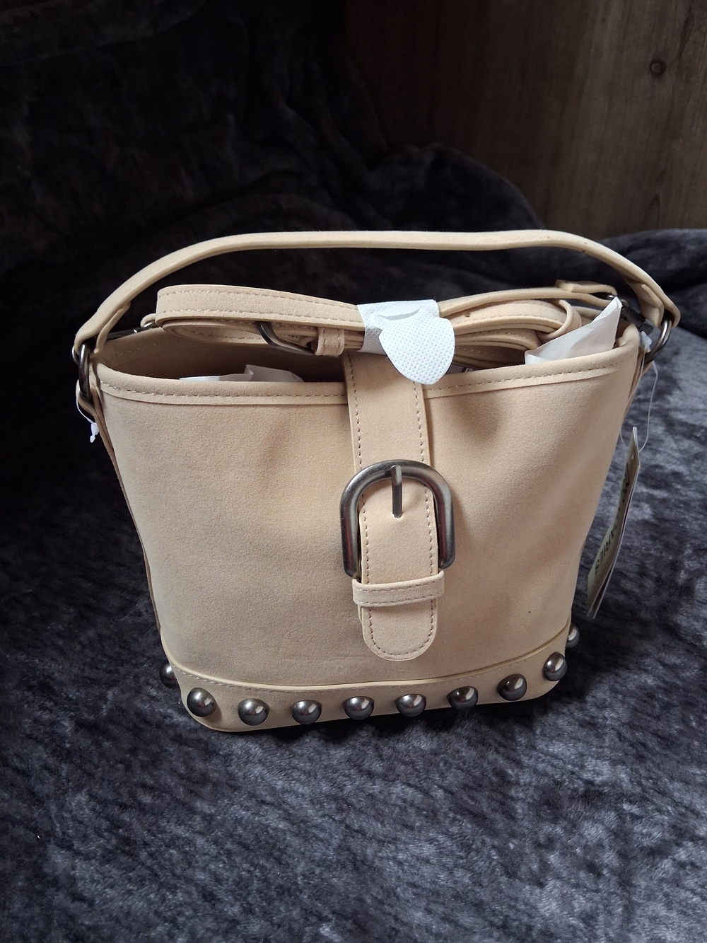 NWT No Boundaries Beige Small Bucket Bag/Purse Studded Crossbody Strap Option